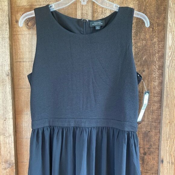 Tahari Knit Jersey Sleeveless Gathered Flowy Chiffon Black Round Neck Maxi Dress - Picture 3 of 9